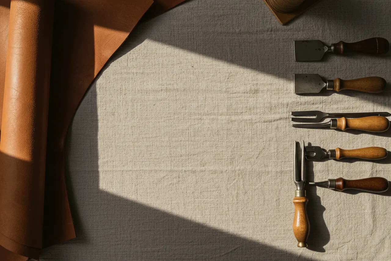 Leather hides and hand tools on the workbench